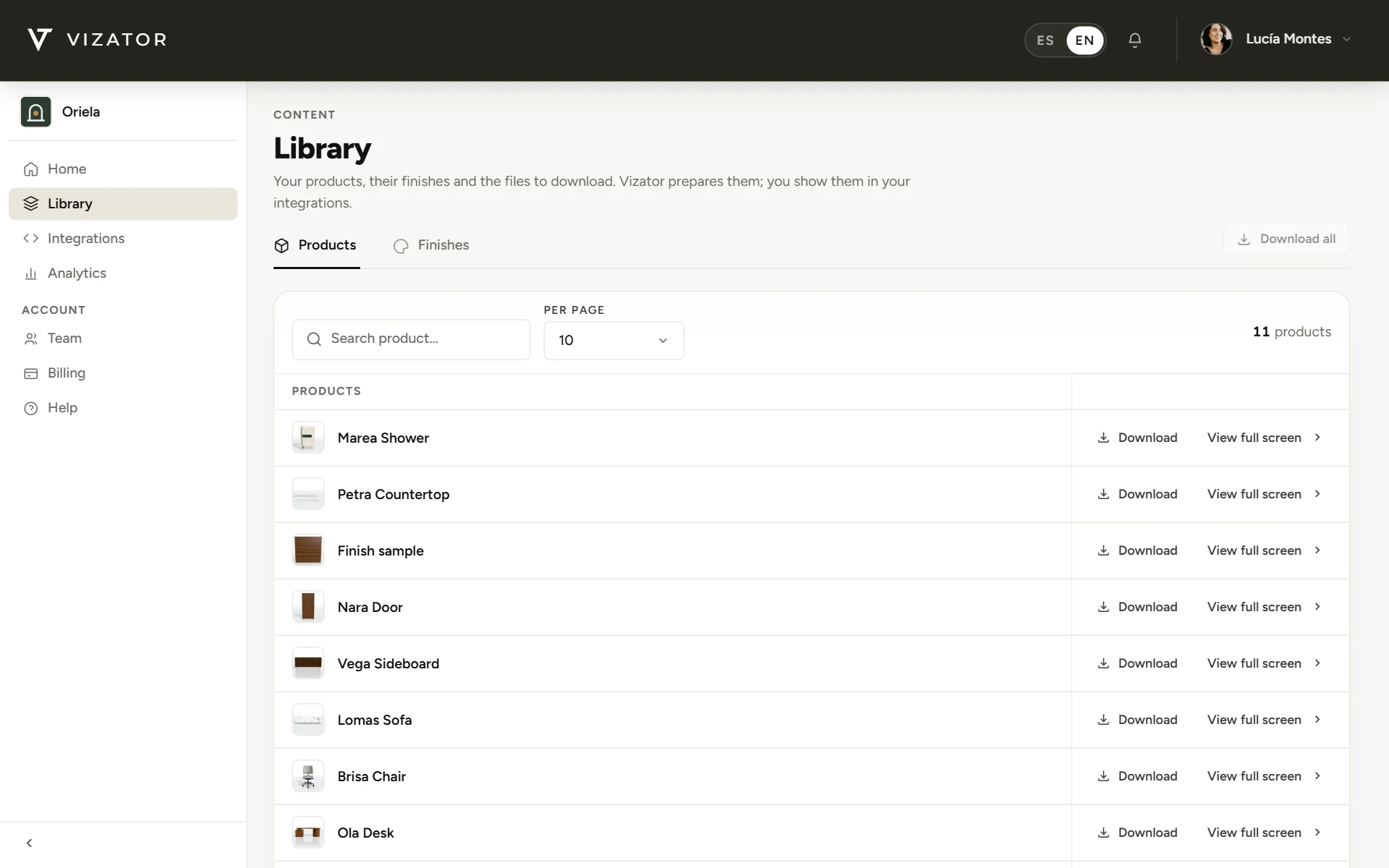 Your library in the dashboard, with your products and finishes ready