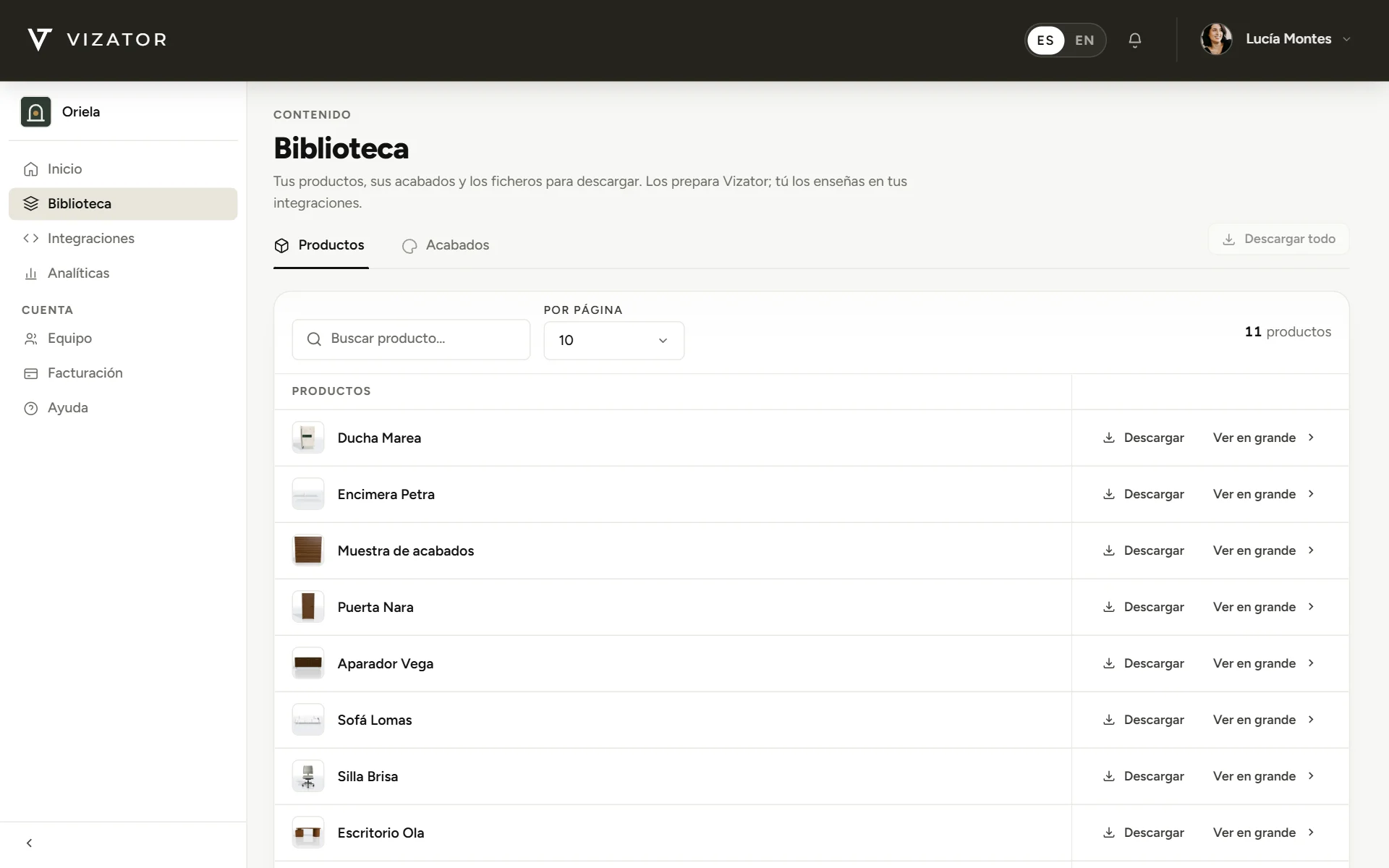 Tu biblioteca en el panel, con tus productos y acabados ya preparados