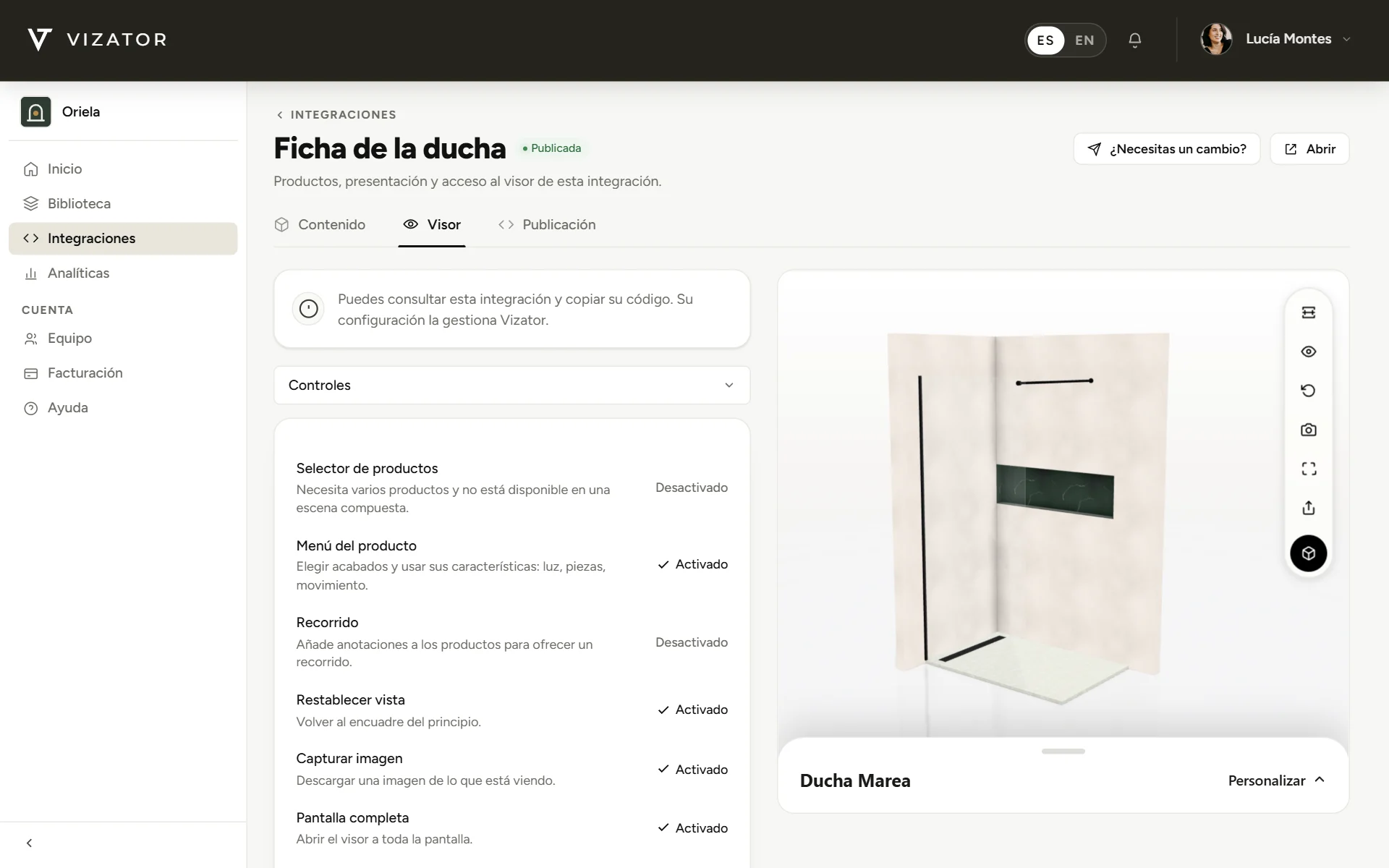 La vista previa de una integración, con «¿Necesitas un cambio?»